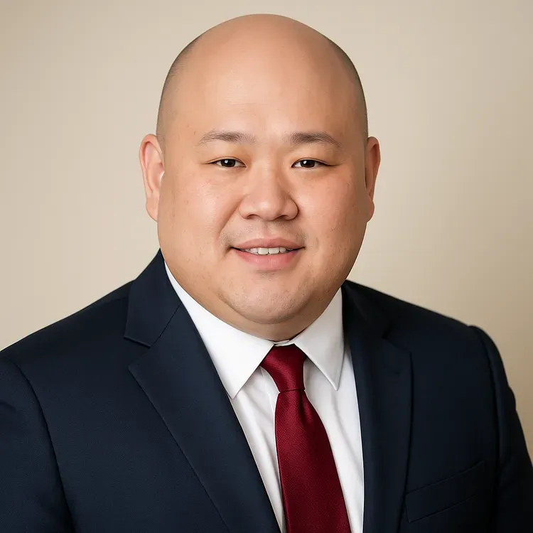 Man in a navy suit and burgundy tie, smiling at the camera, neutral background.