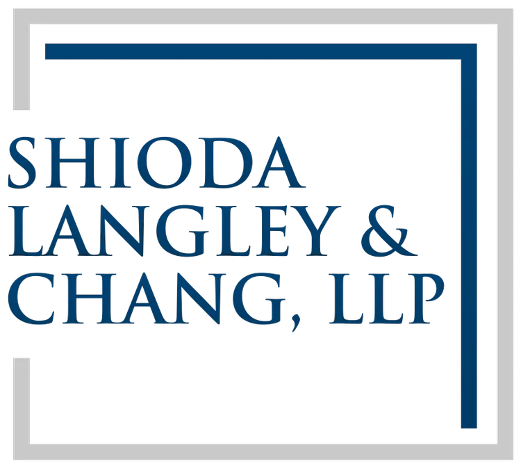 Logo for Shioda Langley & Chang, LLP; dark blue text within a dark blue and gray square frame.