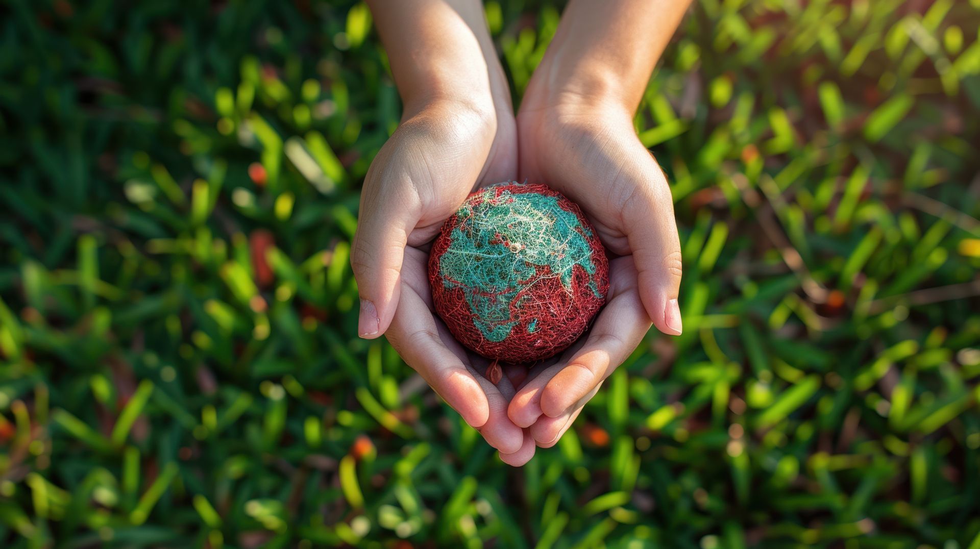 A person is holding a red and green ball in their hands.