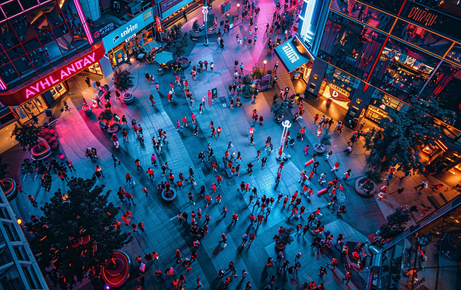 An aerial view of a crowd of people walking in a city at night.