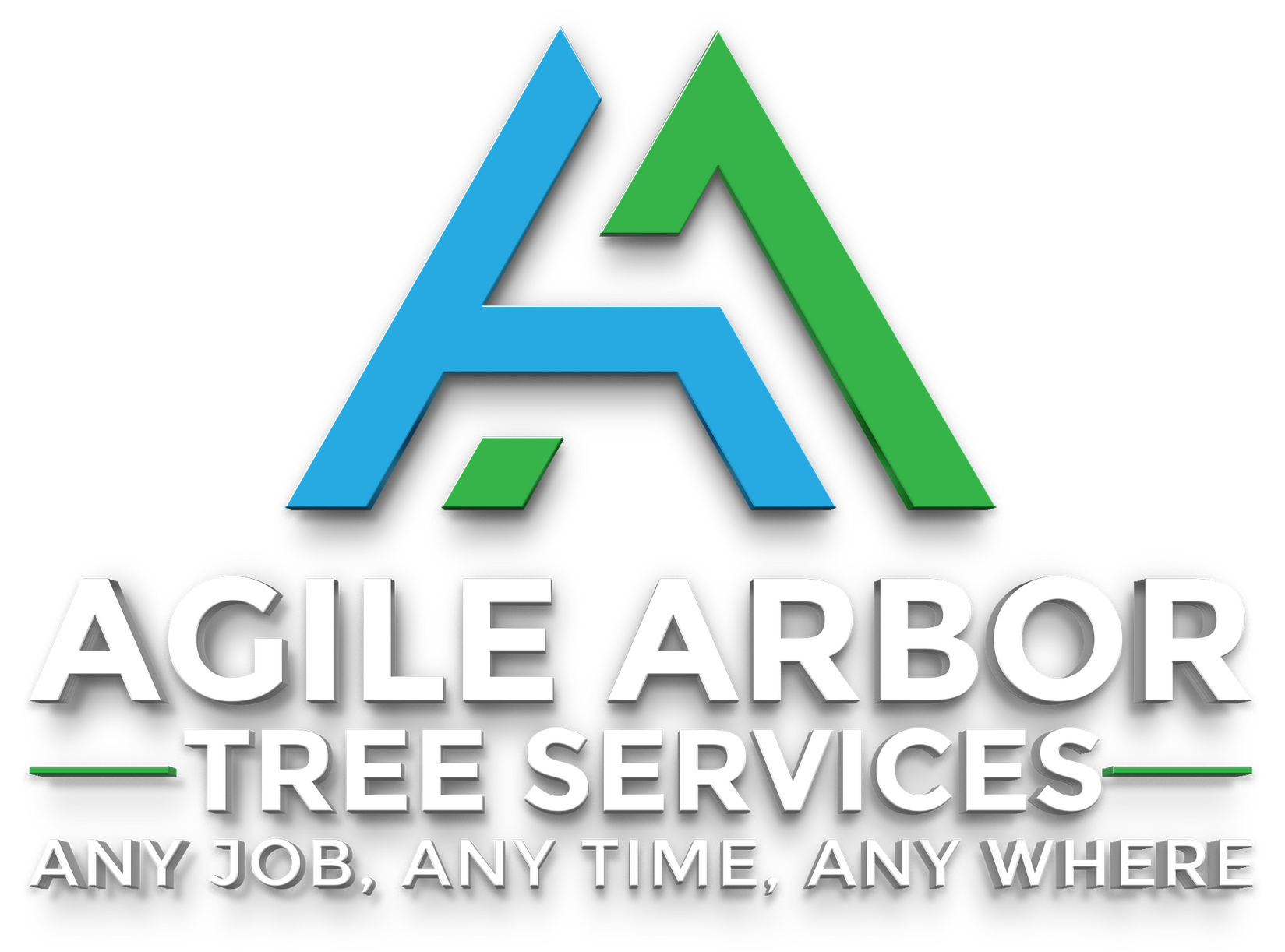 Logo for Agile Arbor Tree Services featuring a stylized blue and green "A" and the tagline "Any job, any time, any where."