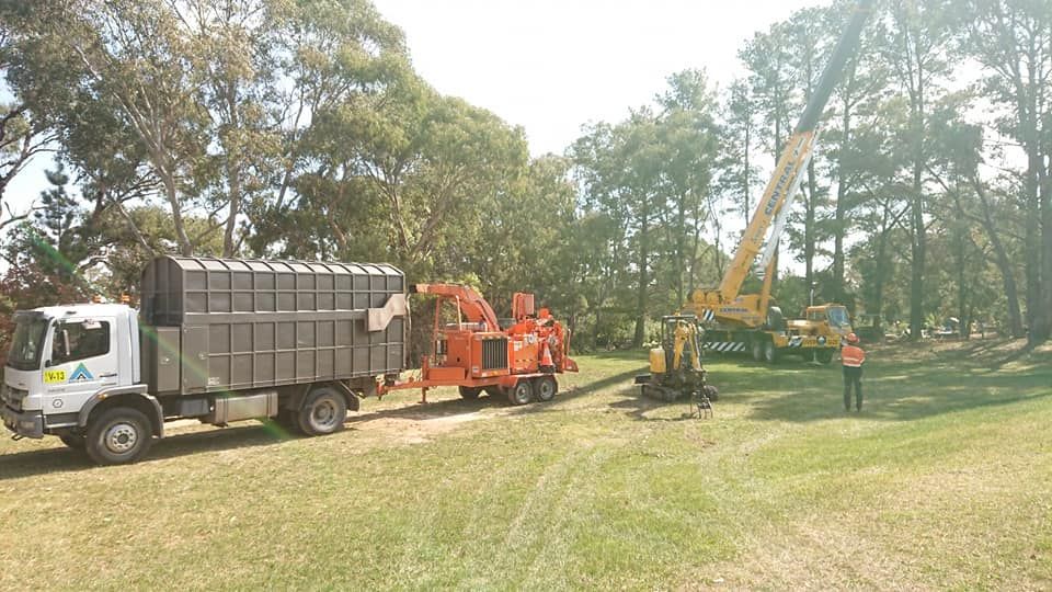 Truck, Wood Chipper, and Crane Removing Trees in a Grassy Area — Agile Arbor Pty Limited in Kelso, NSW