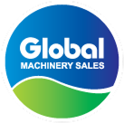 The logo for Global Machinery Sales features a blue circle with the company name in white text above a green wavy base.