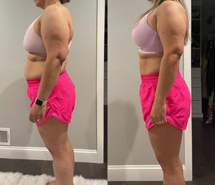 Before and after photos of a person in pink shorts and a pink bra, showing weight loss.