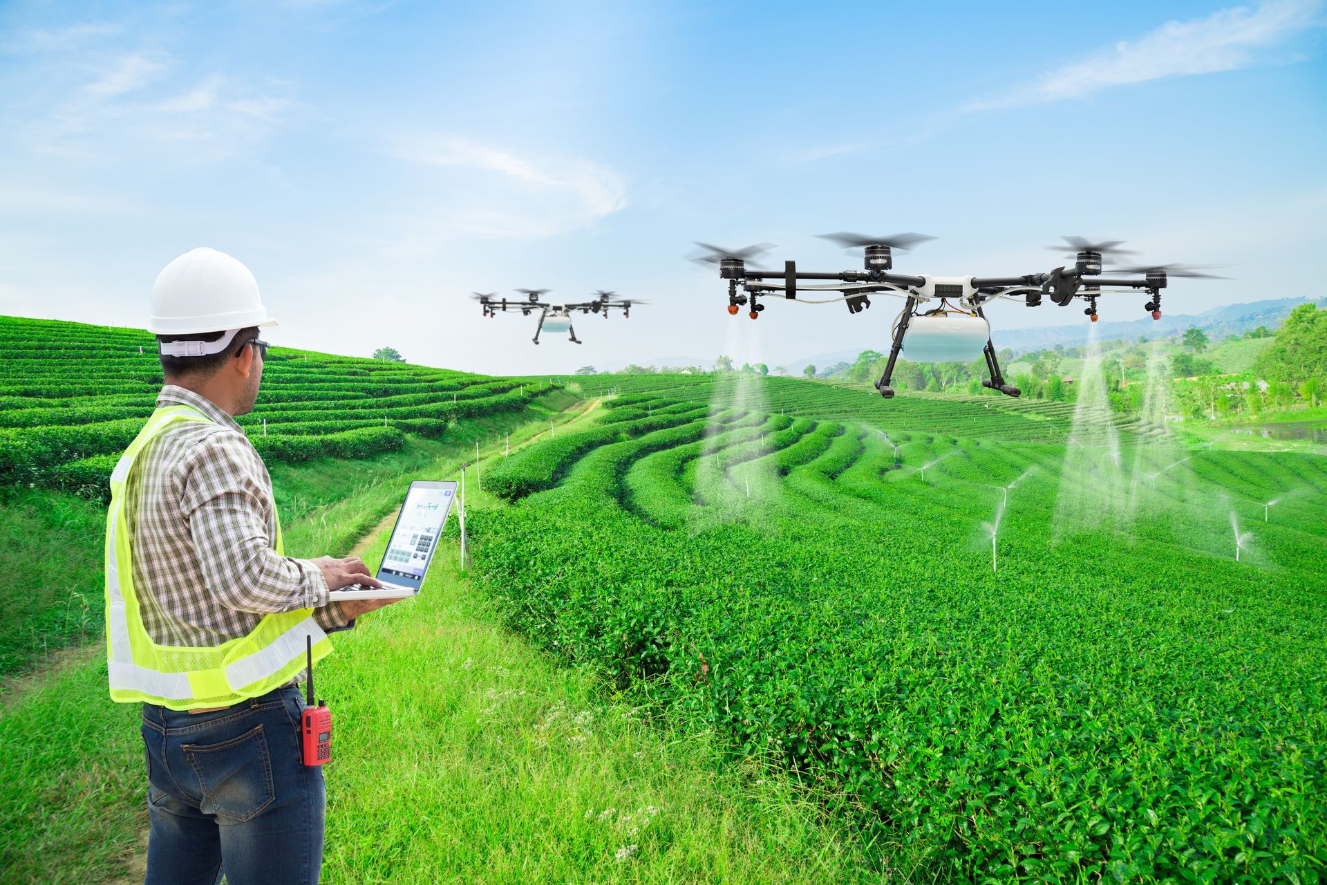 Um homem está em um campo segurando um tablet enquanto drones borrifam água.