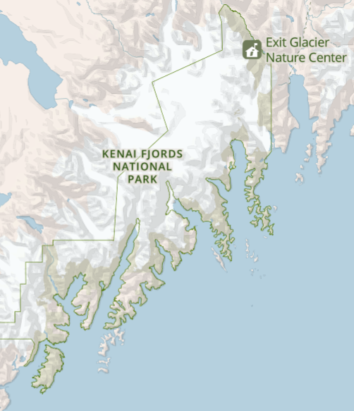 Map of Kenai Fjords National Park highlighting the fjords area and Exit Glacier near Seward Alaska 