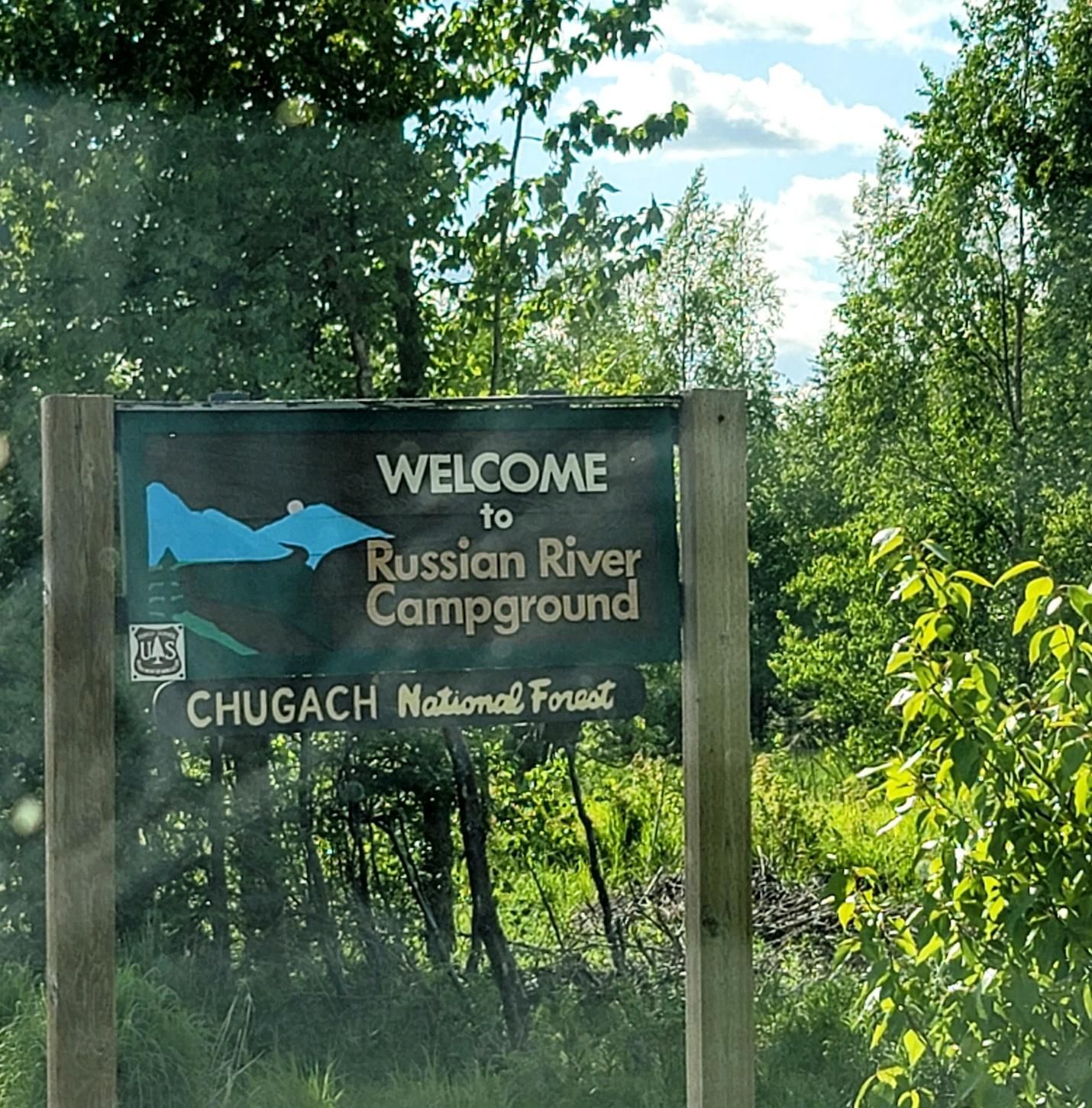 Russian River Campground in Chugach National Forest near Cooper Landing Alaska, surrounded by tall trees and mountain scenery