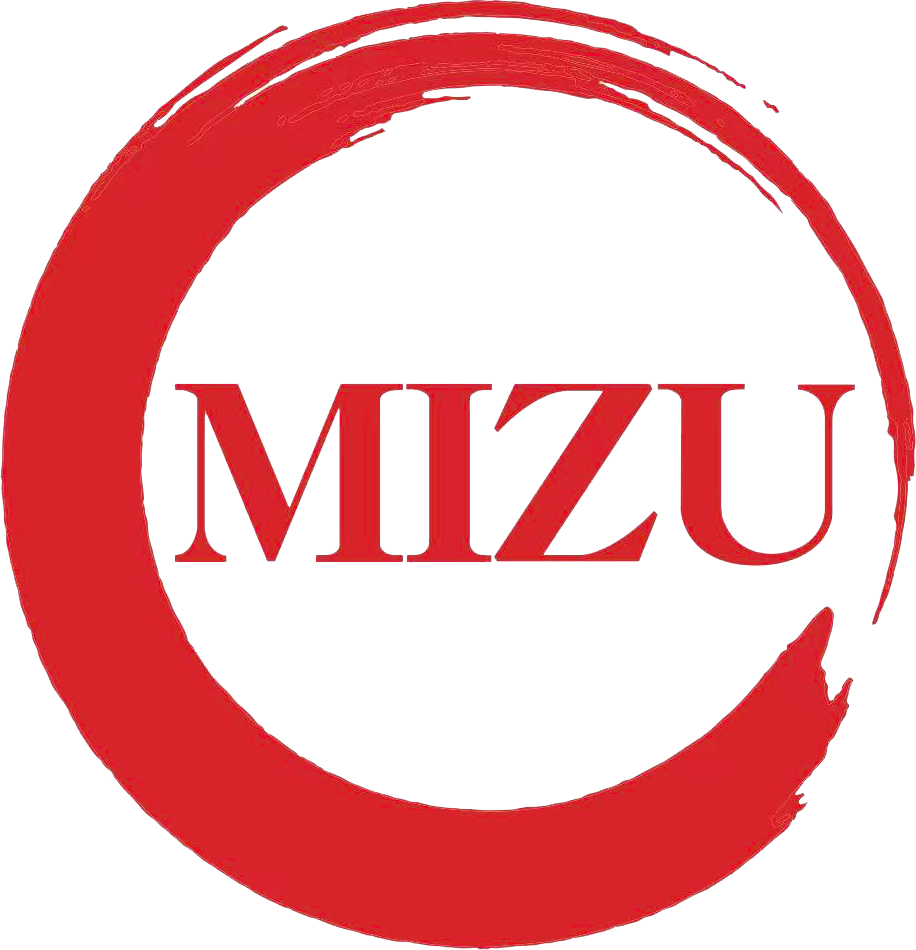 Red circular brushstroke logo with the word “MIZU” in red on a white background