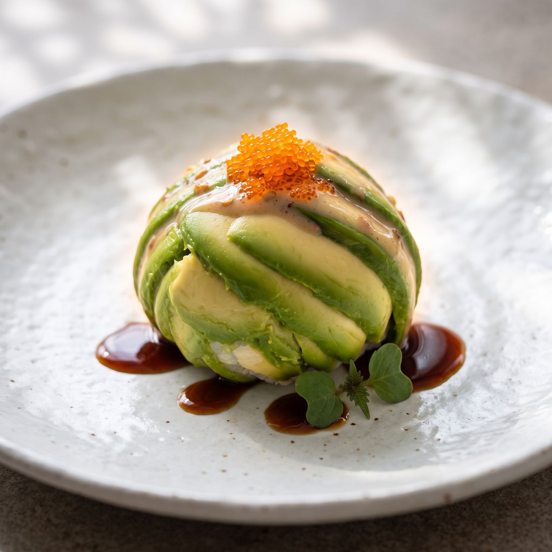 Artfully plated avocado dessert with orange garnish and dark sauce on a white plate