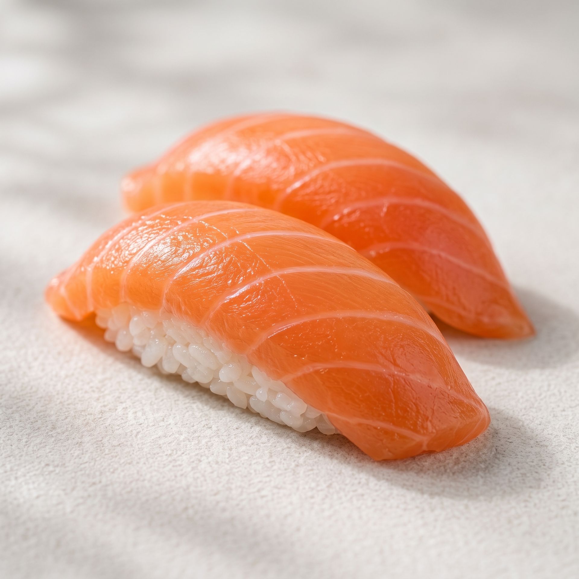 Two pieces of salmon nigiri sushi on a white surface