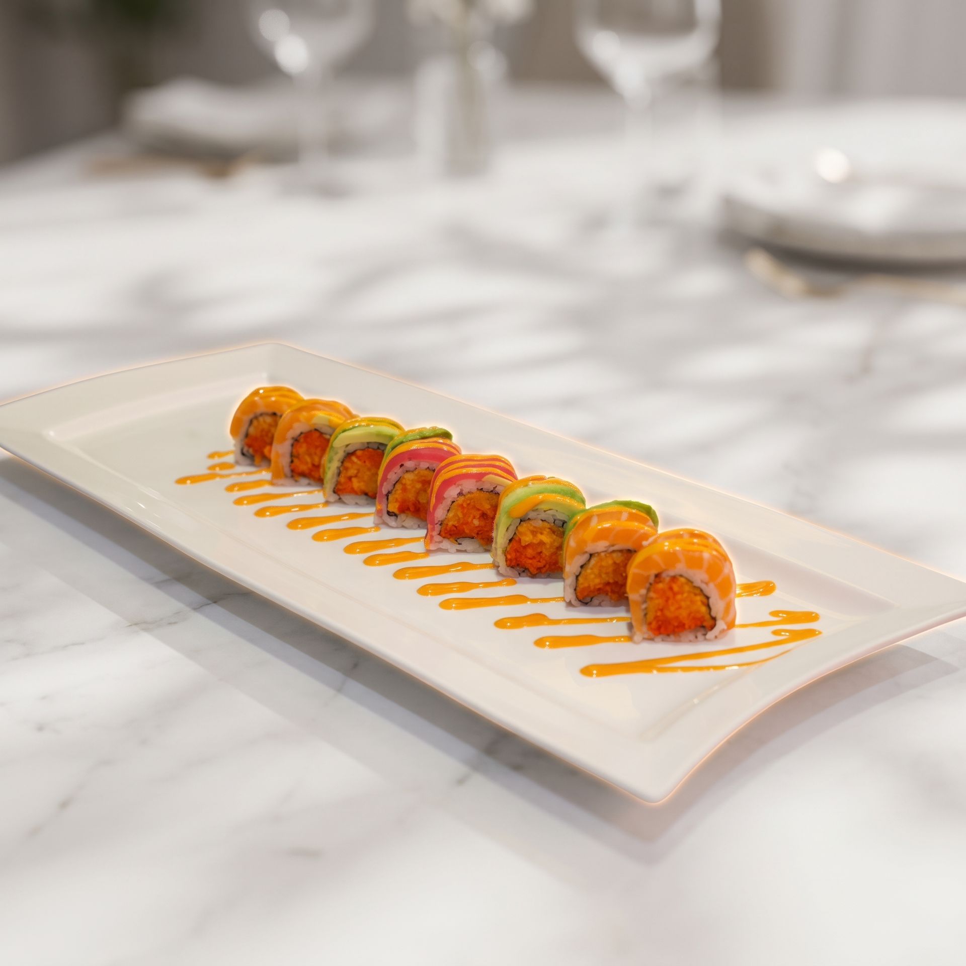 Plated sushi rolls with orange sauce on a white rectangular dish on a bright table