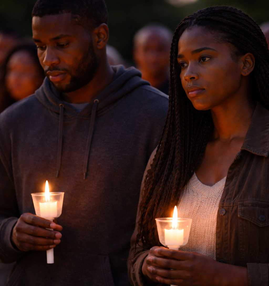 Two people stand in a crowd holding lit candles during an evening vigil.