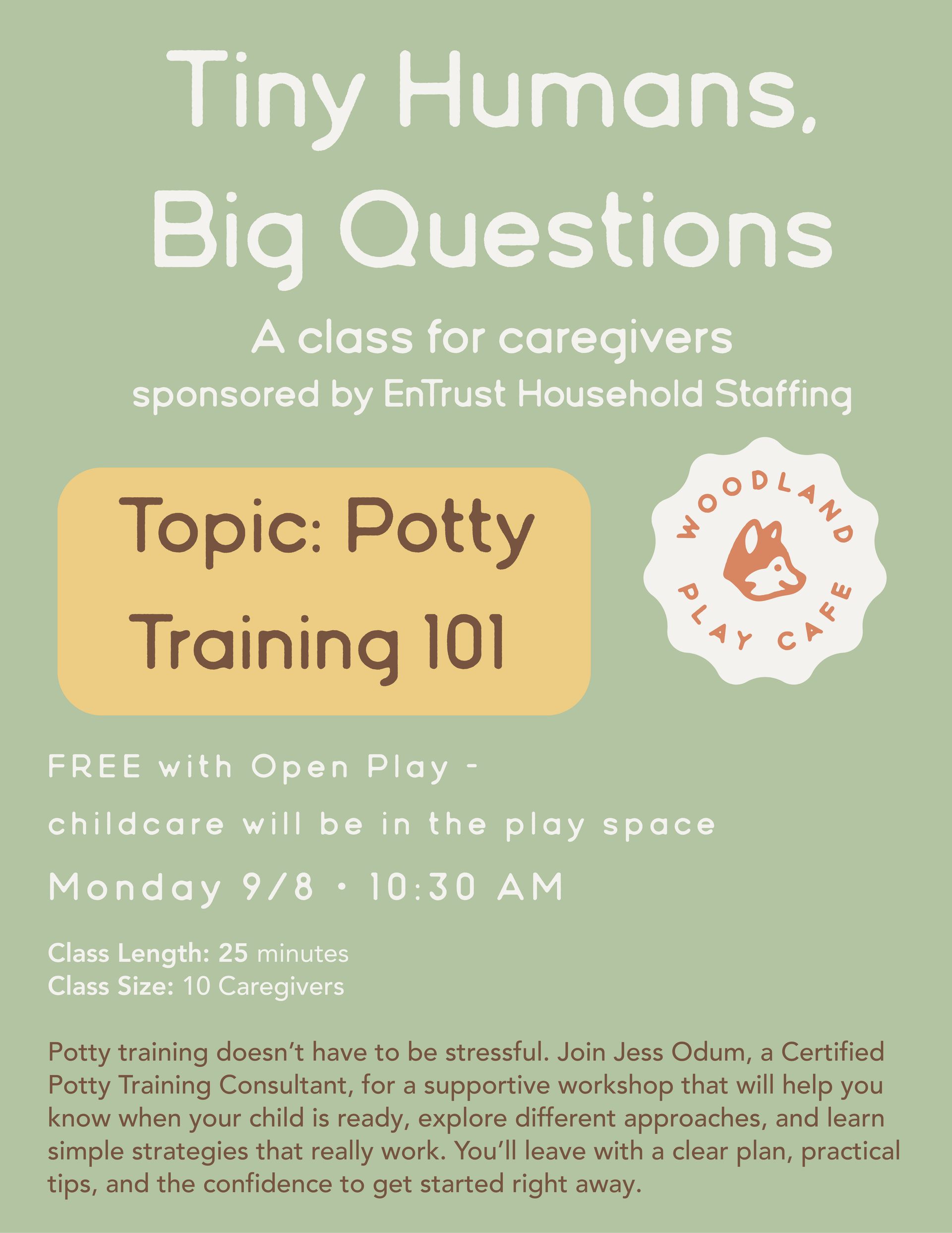 Poster for a potty training class. Text on a green background with illustrations.