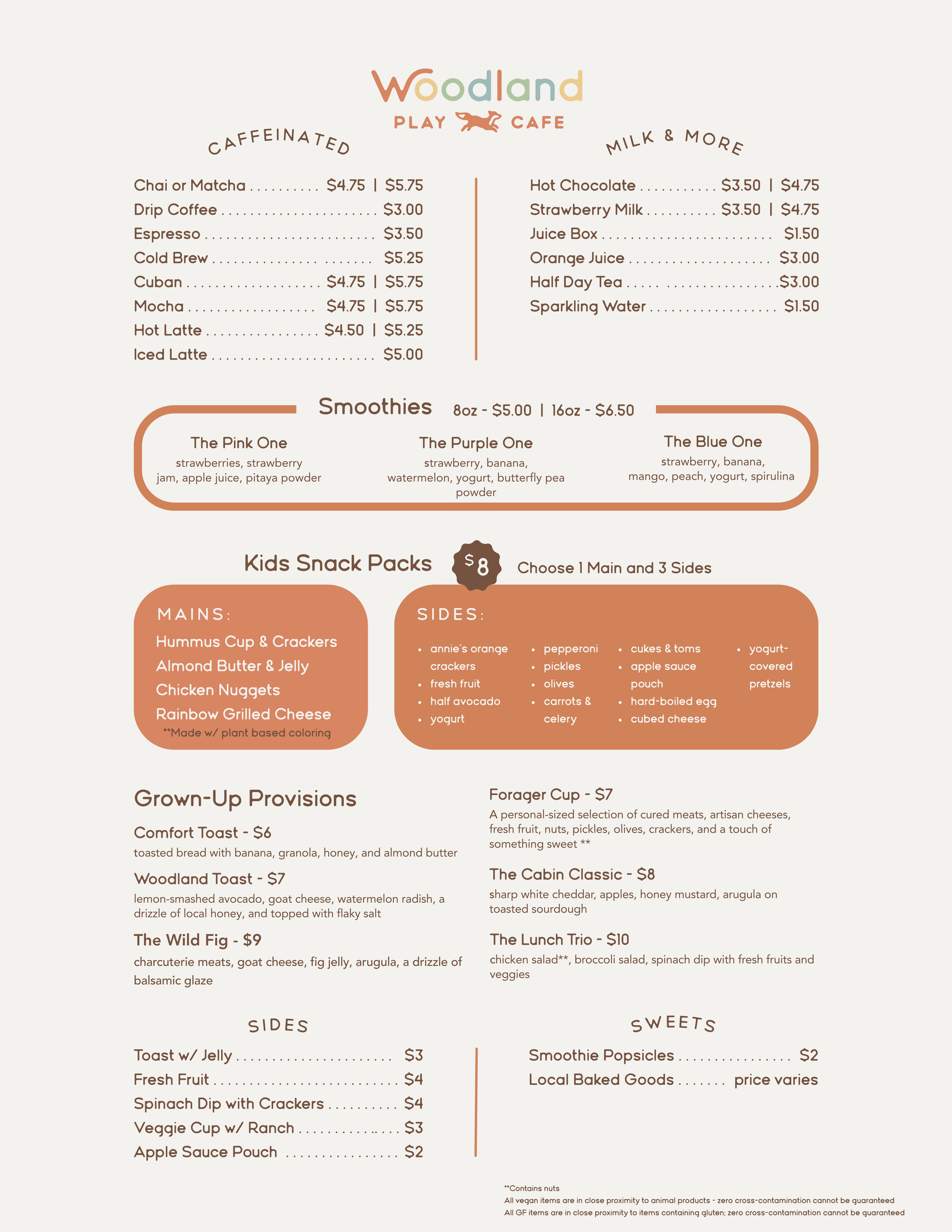 A menu for a restaurant called Woodland Play Cafe is shown on a white background.