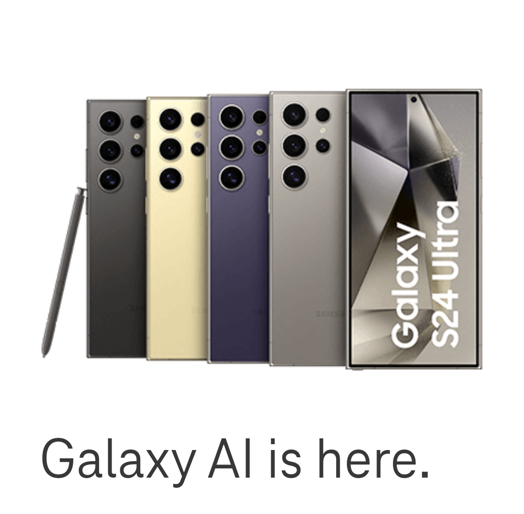 Samsung Galaxy S24 Ultra smartphones in various colors displayed side by side with a stylus pen, highlighting the camera array and the ‘Galaxy S24 Ultra’ branding.”