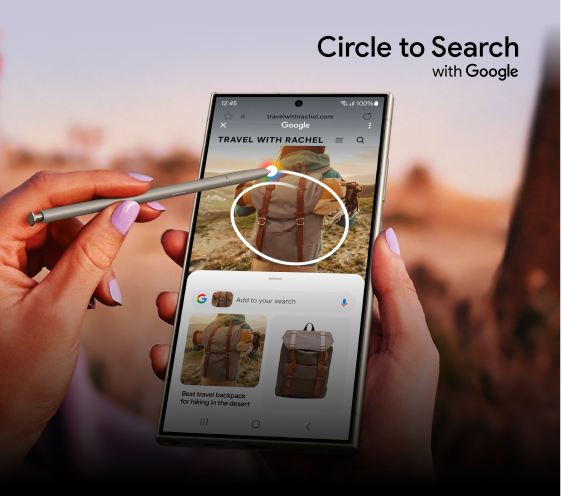 “A hand uses a stylus on a smartphone to search for a travel backpack with Google’s ‘Circle to Search’ feature.”
