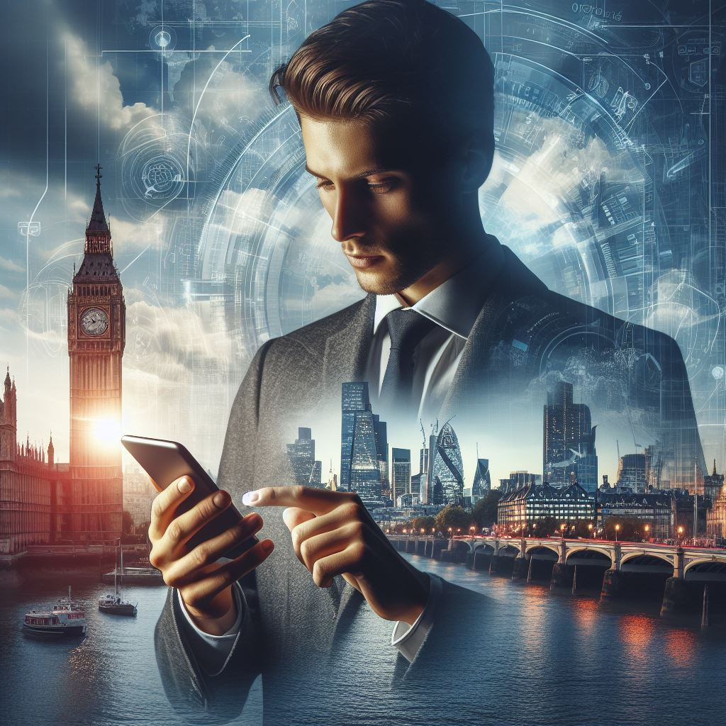 “A conceptual image featuring a person in a suit holding a smartphone, with their head replaced by a blank square. The background is a composite of London’s iconic Big Ben and cityscape with digital graphics symbolizing technology and connectivity.”