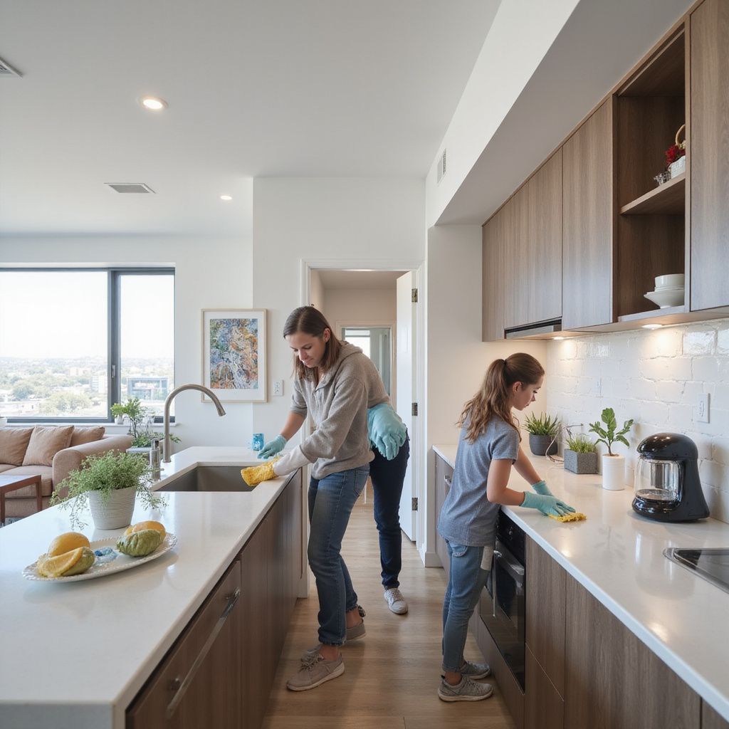 Three people cleaning a modern kitchen with light wood cabinets and white countertops.