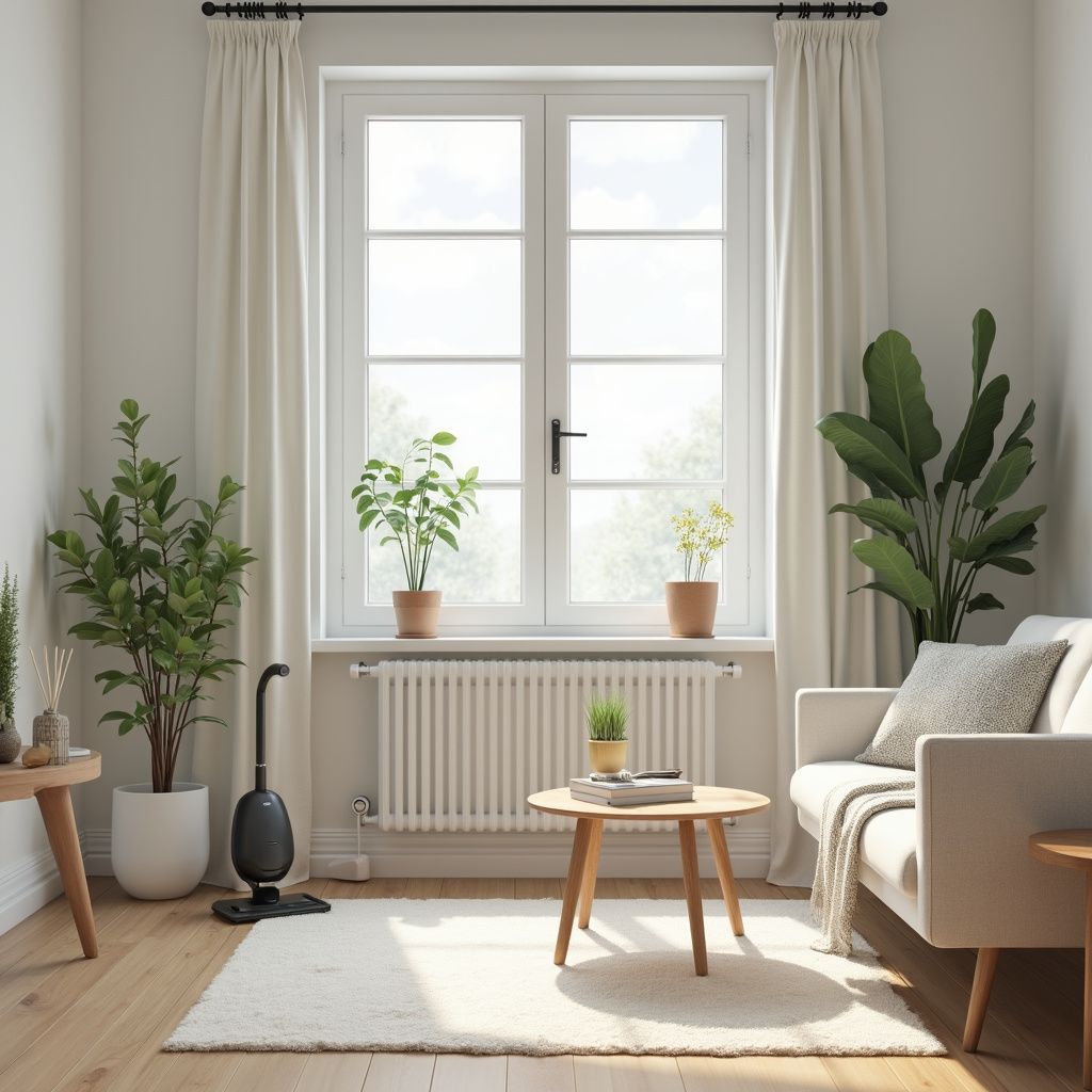 Living room with a window, sofa, plants, rug, and small wooden table.