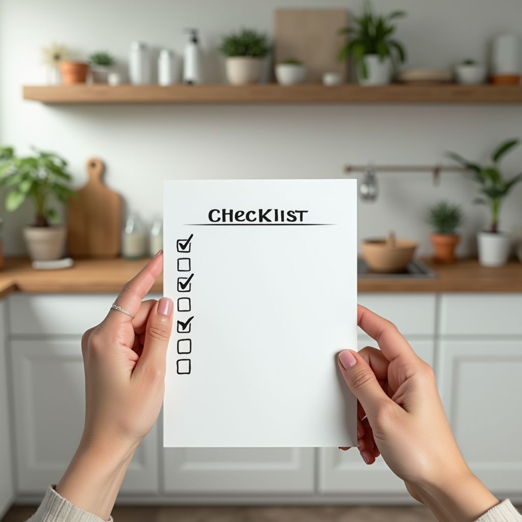 Hands holding a blank checklist in a kitchen setting.