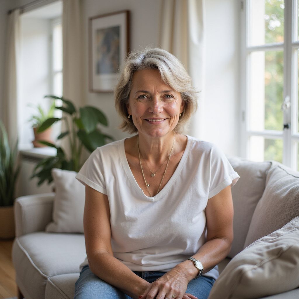 Woman with gray hair, smiling, seated on a sofa. She wears a white t-shirt, looking at the camera in a bright room.