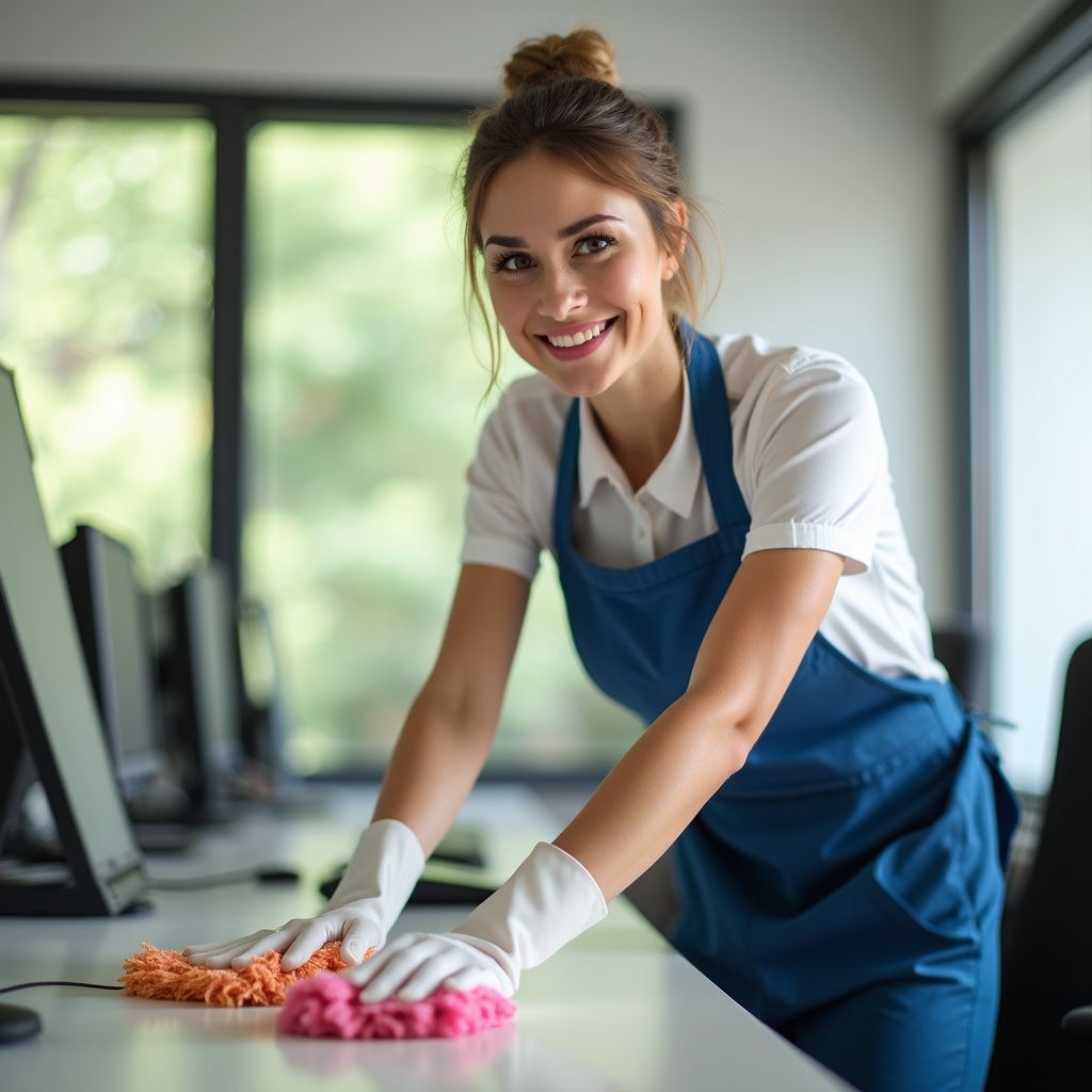Woman in apron and gloves, smiling, wiping a desk in an office setting.