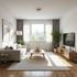 Living room: beige sofa, wooden floor, large window with curtains, TV, plants, and a coffee table.