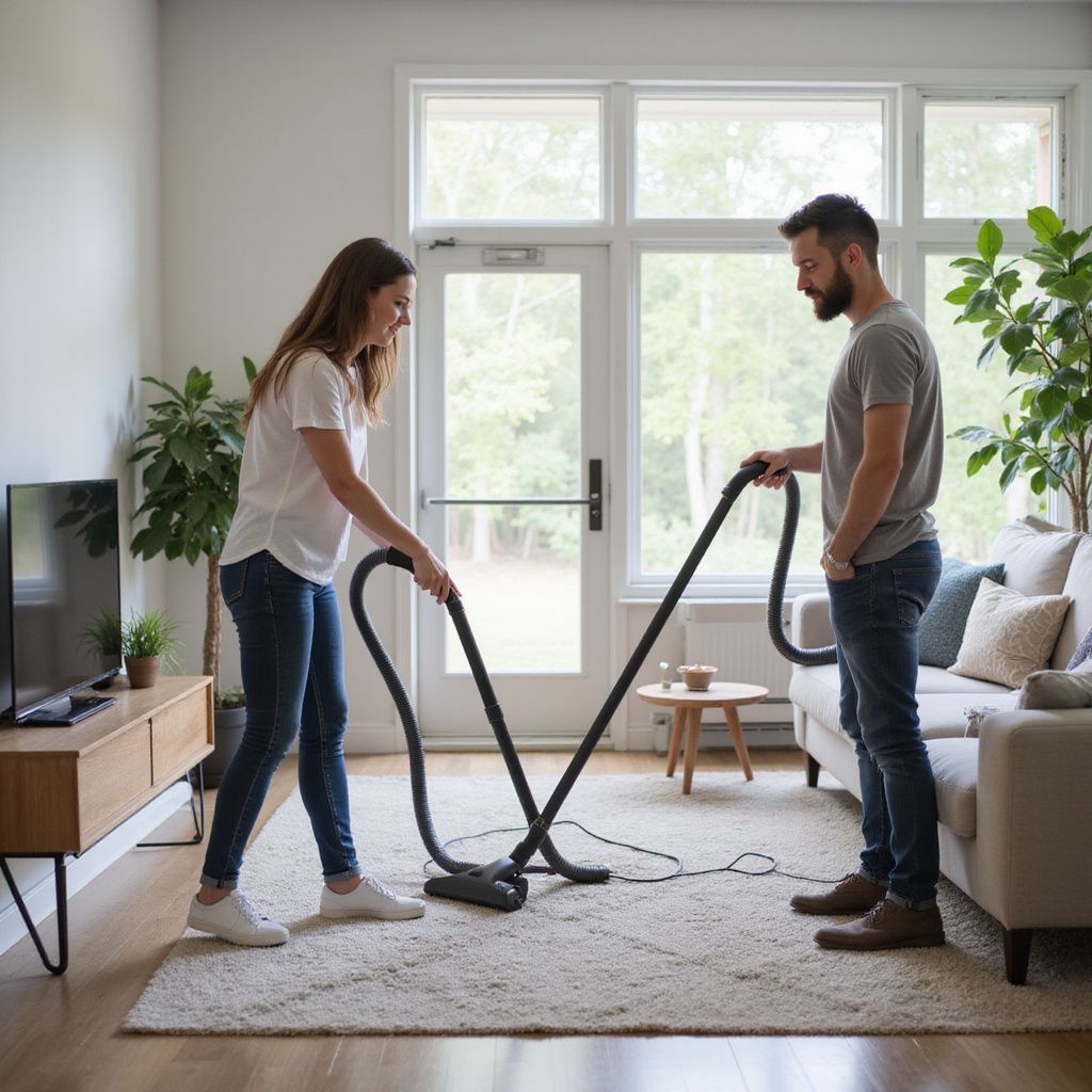 A couple vacuuming a rug in a living room with a light-colored couch and plants near a window.