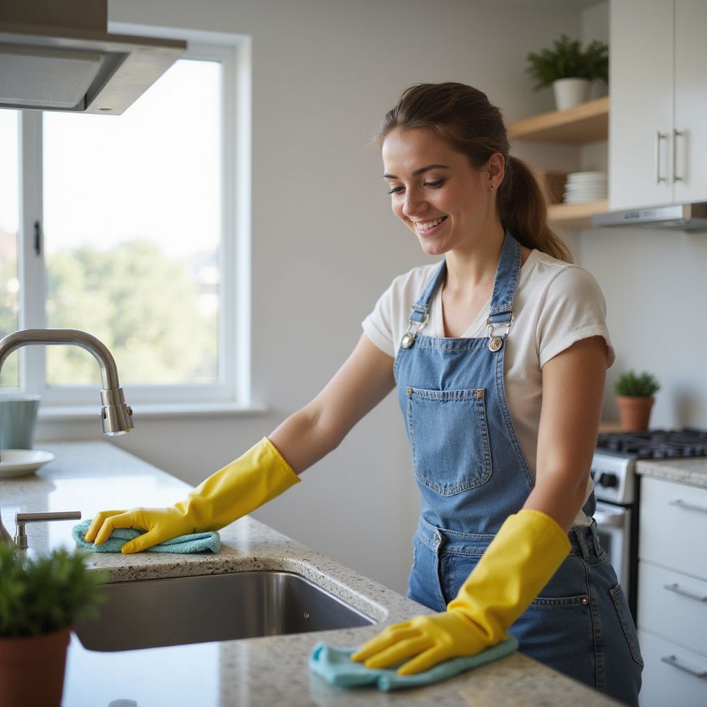 Woman wearing overalls and yellow gloves cleaning a kitchen counter.