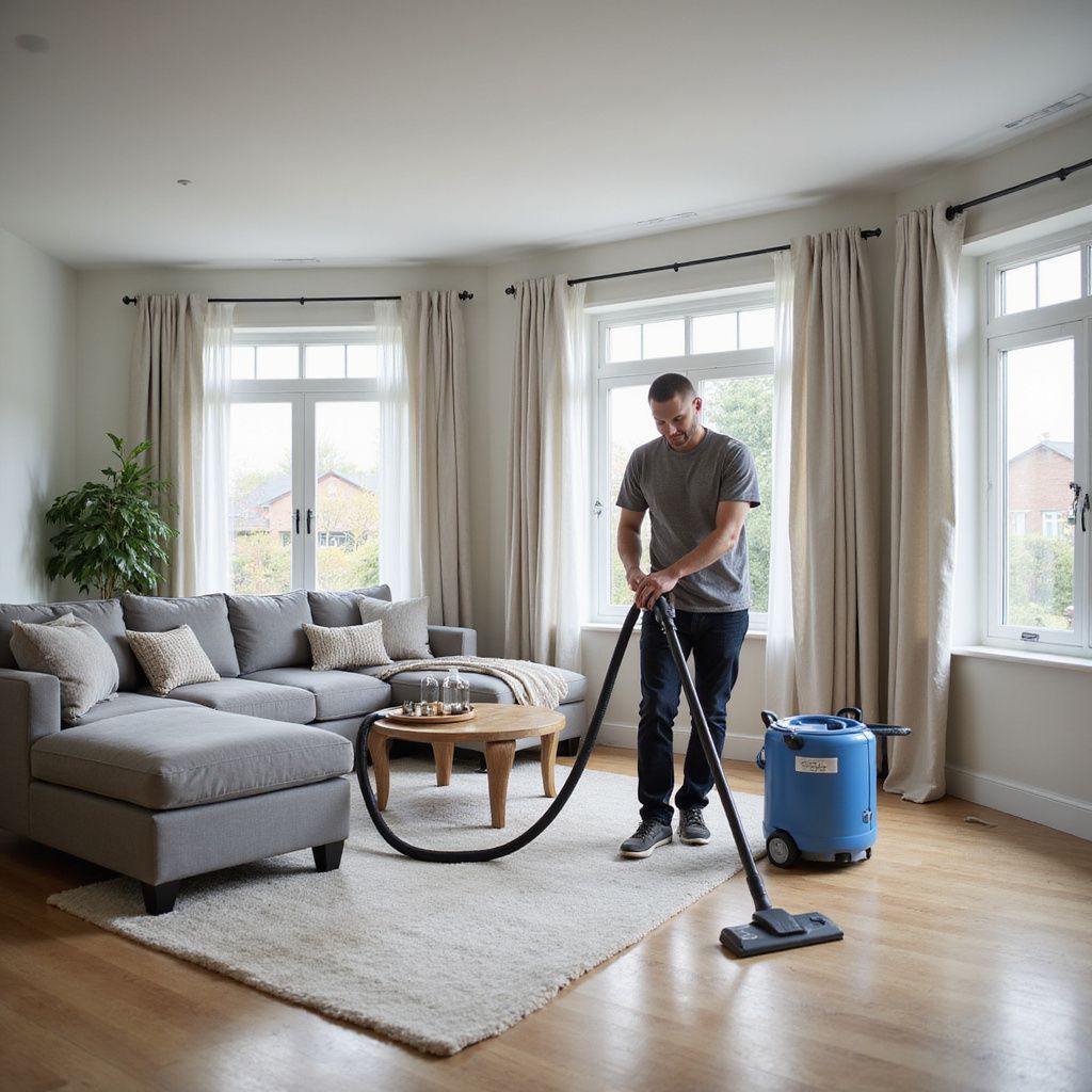Man vacuums a rug in a bright living room, using a blue vacuum cleaner.