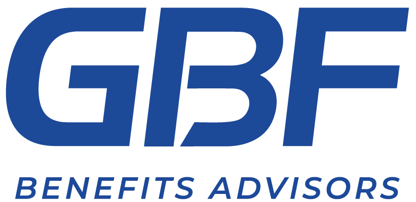 GBF Benefits Advisors logo in blue text with a blue swoosh underline