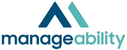 Manageability logo with teal and navy abstract roof shape above the wordmark
