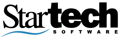 Startech Software logo with black text and blue wave underline