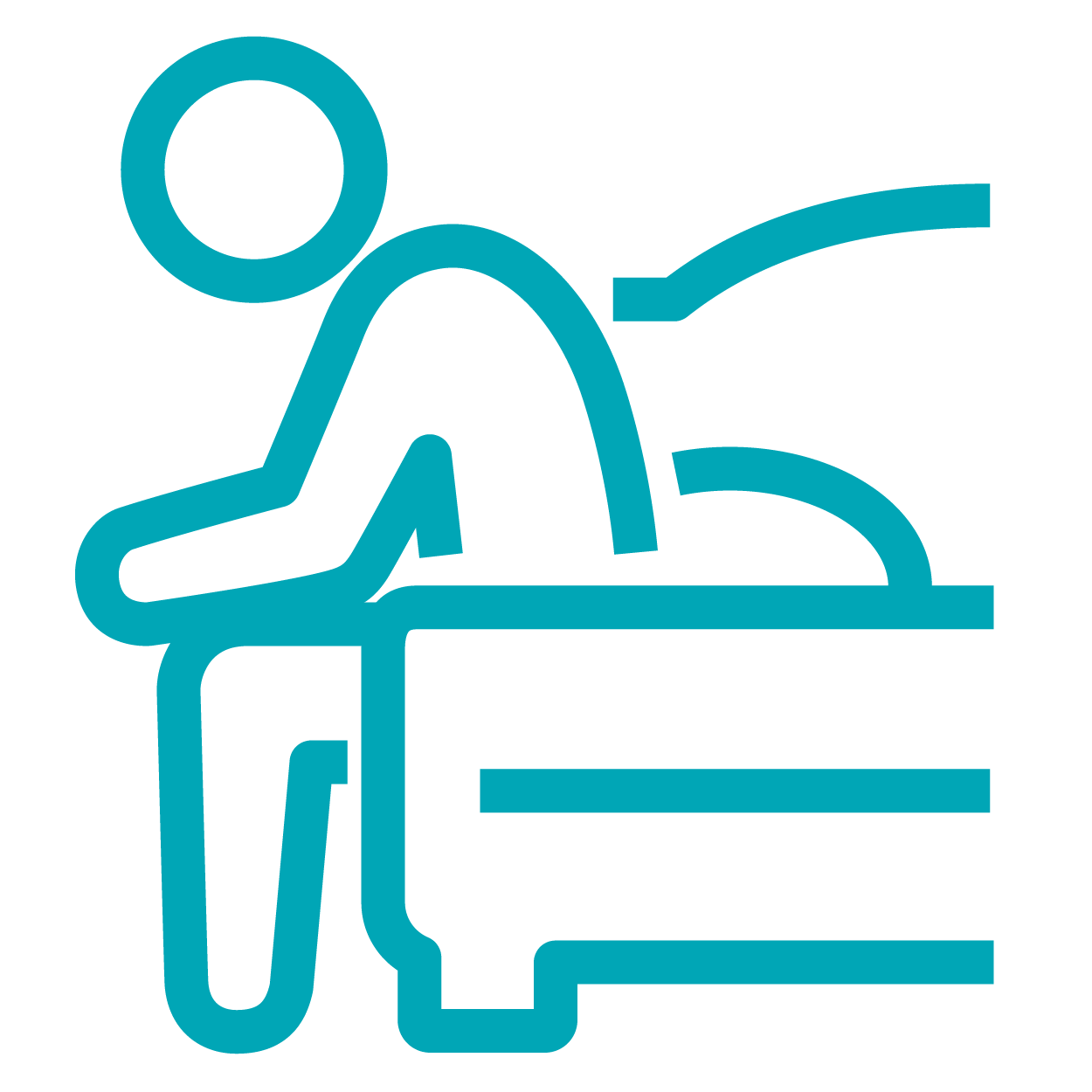A blue icon of a person sitting on a bench.