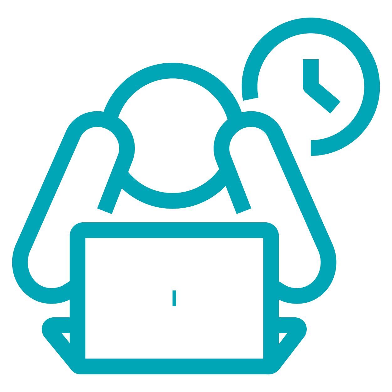 A person is sitting in front of a laptop computer with a clock.