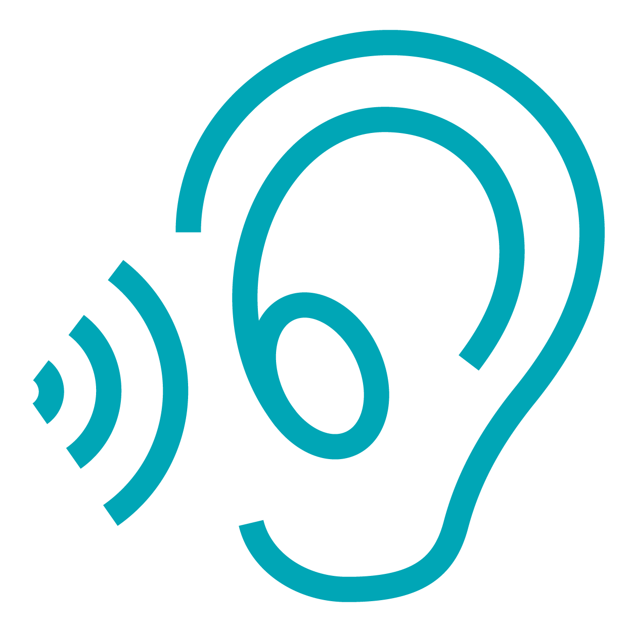 A blue ear with a sound wave coming out of it.