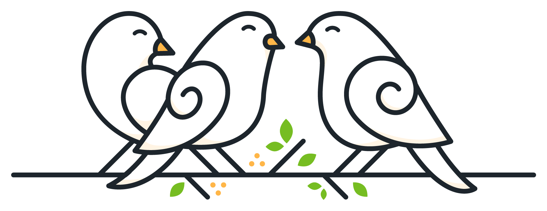 Three birds are sitting on a branch with leaves.