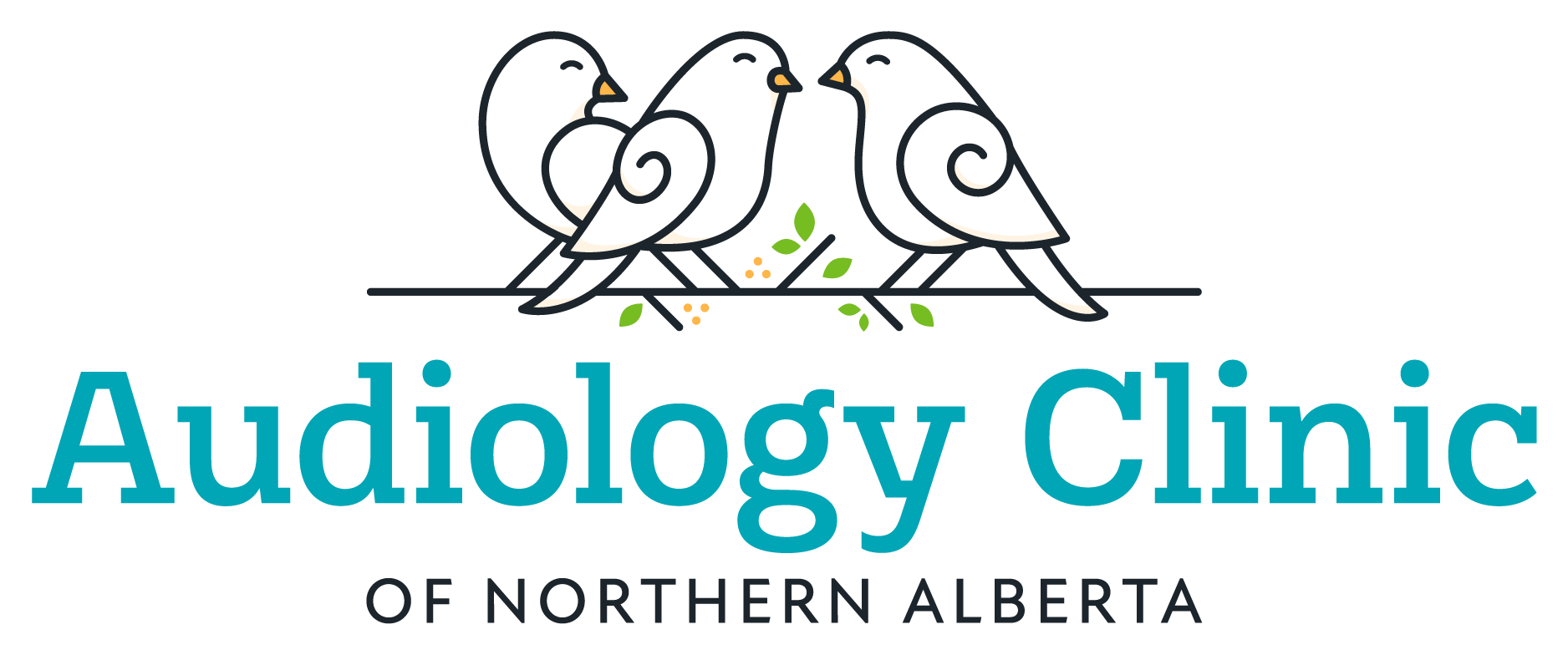 The logo for the audiology clinic of northern alberta shows two birds sitting on a branch.