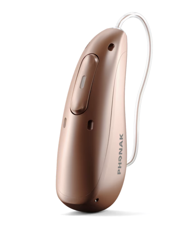 A phonak hearing aid is sitting on a white surface.