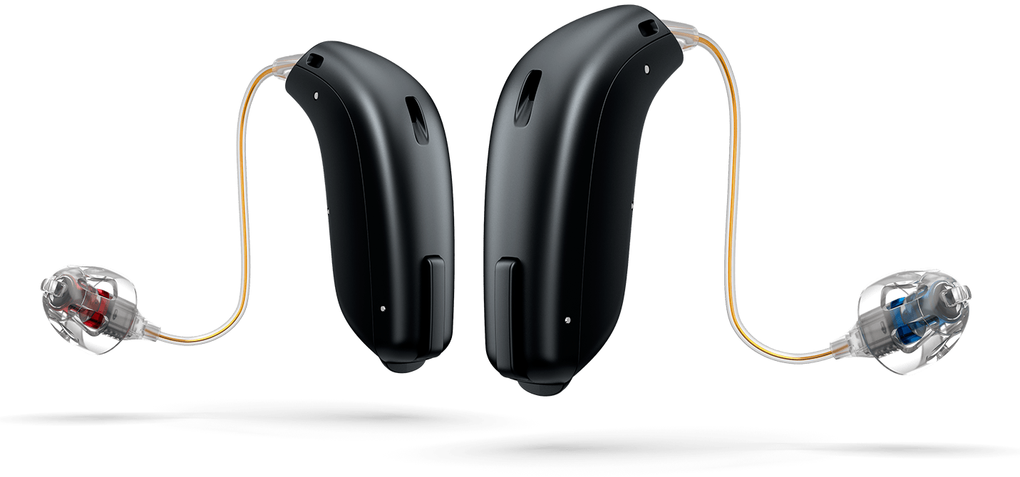 A pair of black hearing aids on a white background.