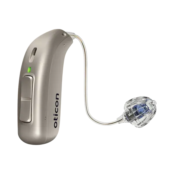 A close up of a hearing aid on a white background.