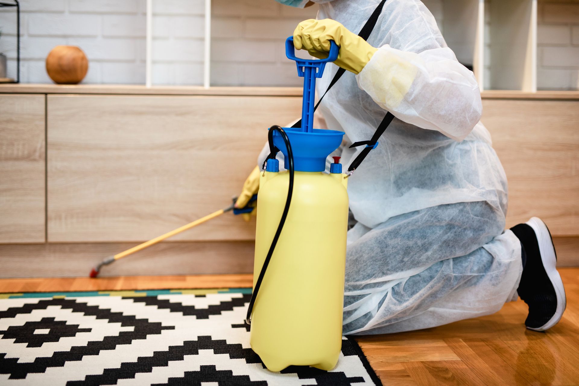 A man in a protective suit is spraying a rug with a sprayer.