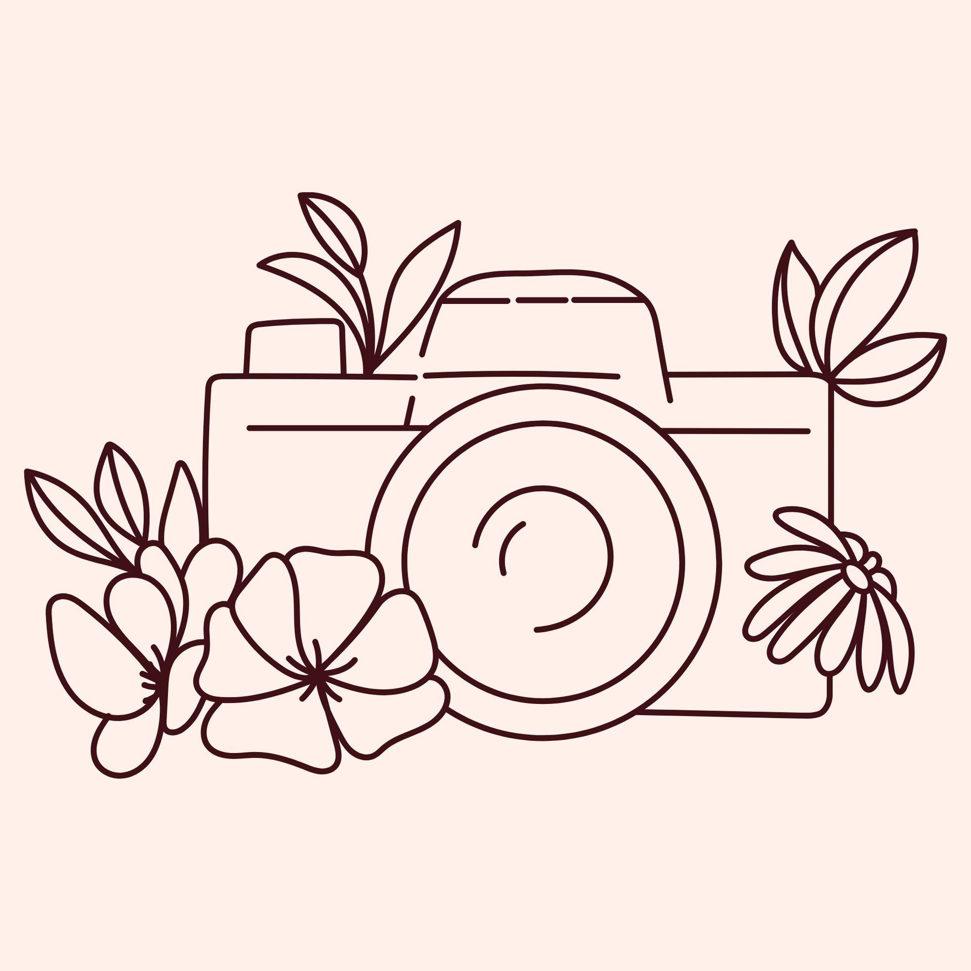 Lijntekening van een camera omringd door bloemen en bladeren op een beige achtergrond.