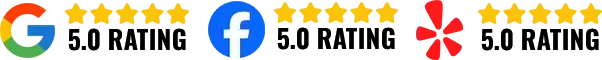 Google, Facebook, and Yelp 5.0 rating icons in a row with star graphics