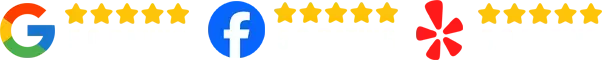 Google, Facebook, and Yelp logos with star ratings on a light background