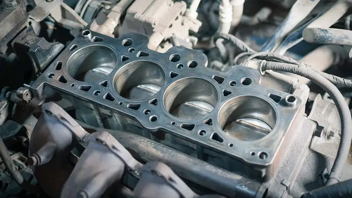 Engine block with visible pistons and gasket surface in an automotive repair setting