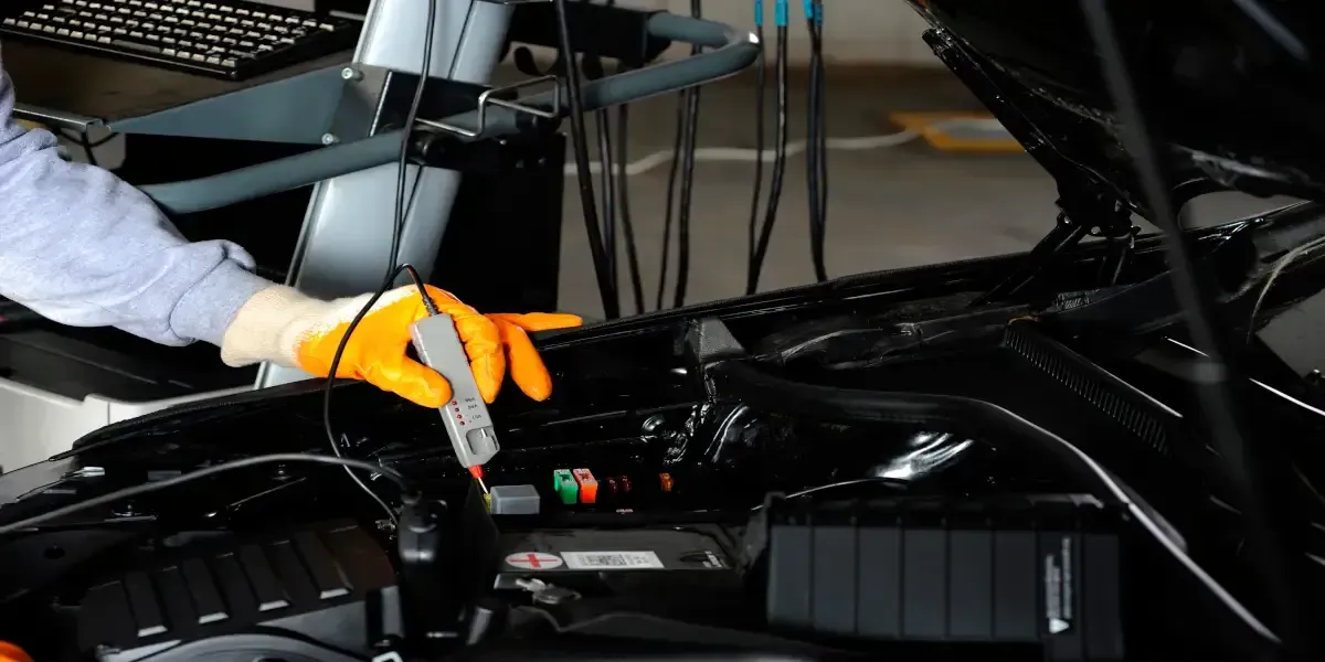 Gloved hand holding a wrench over a car engine in a garage, with the hood open.