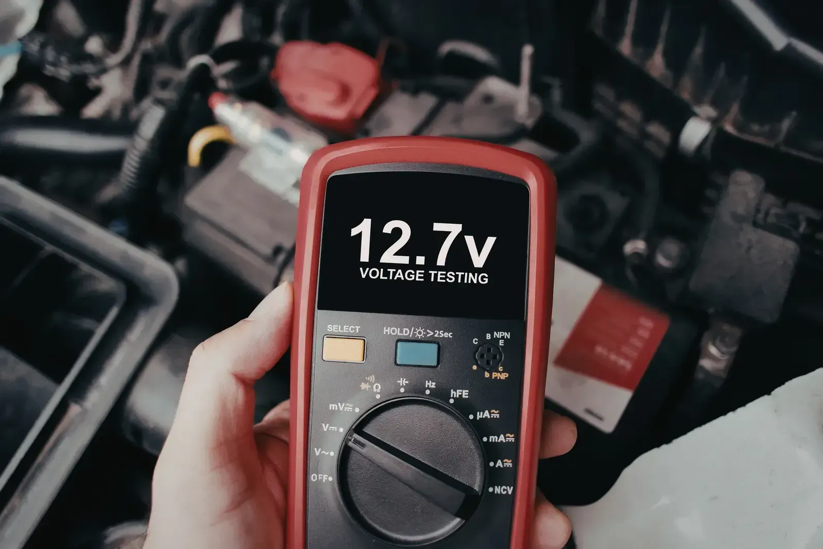 Handheld multimeter showing 12.7V in an engine compartment