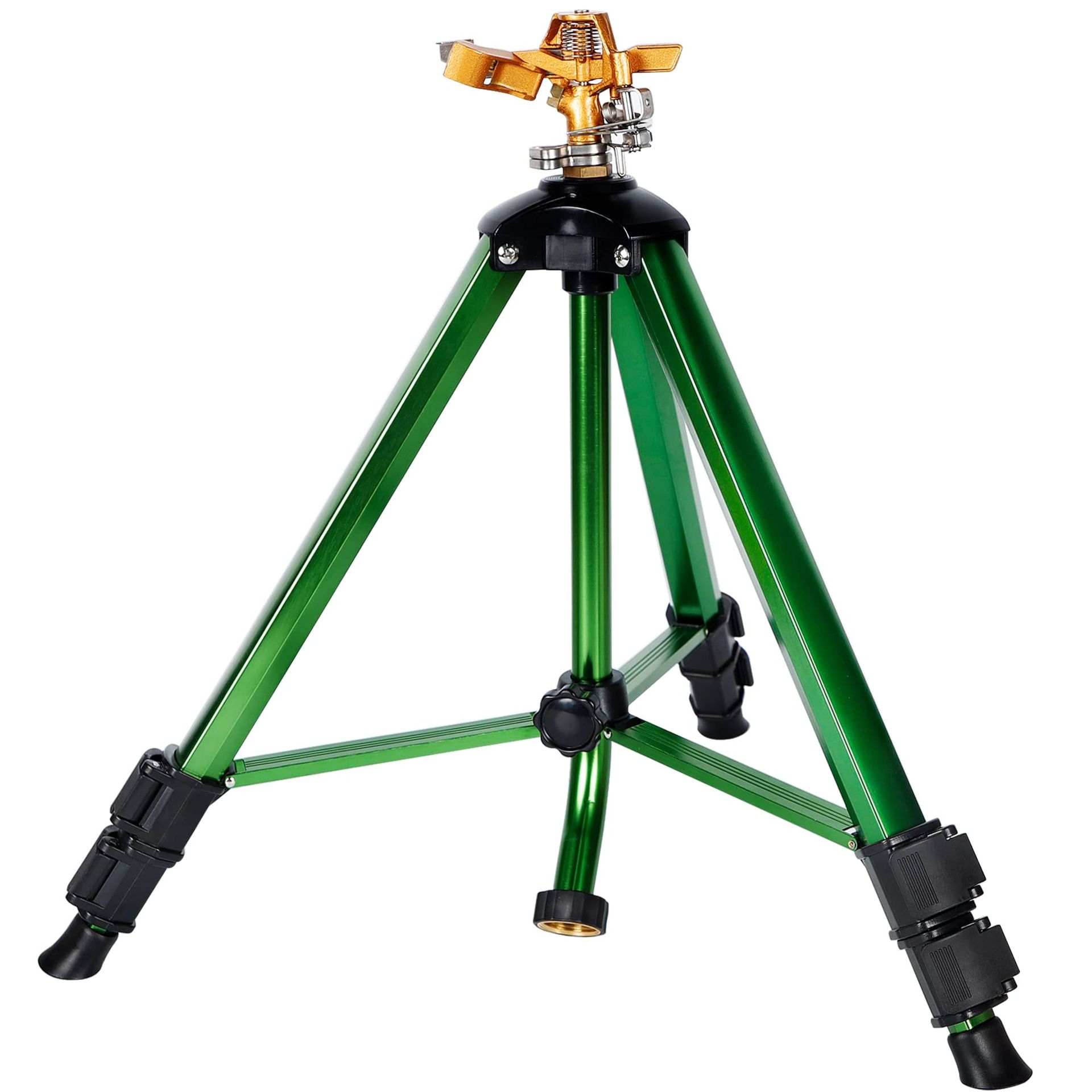 a green tripod with a sprinkler on top of it
