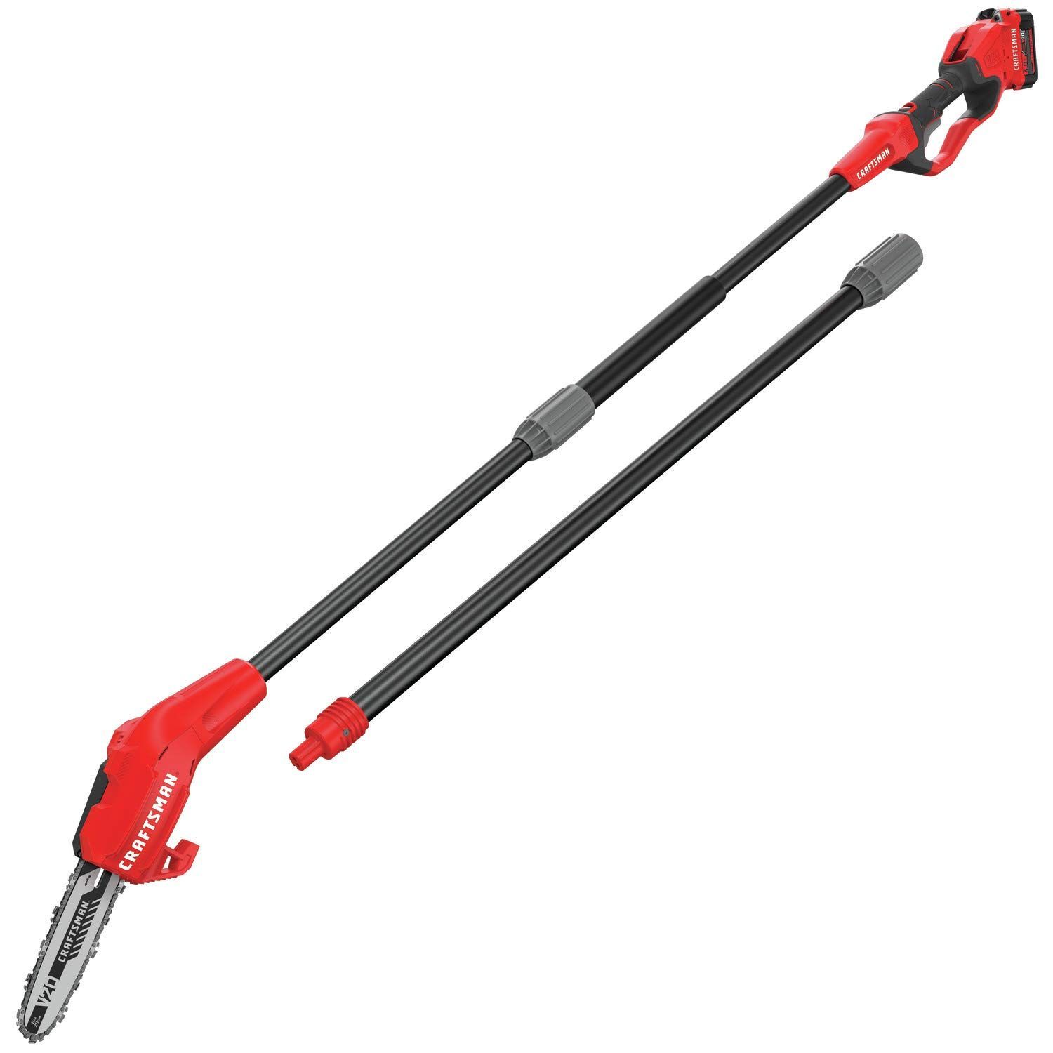 A red and black pole saw with two handles on a white background.